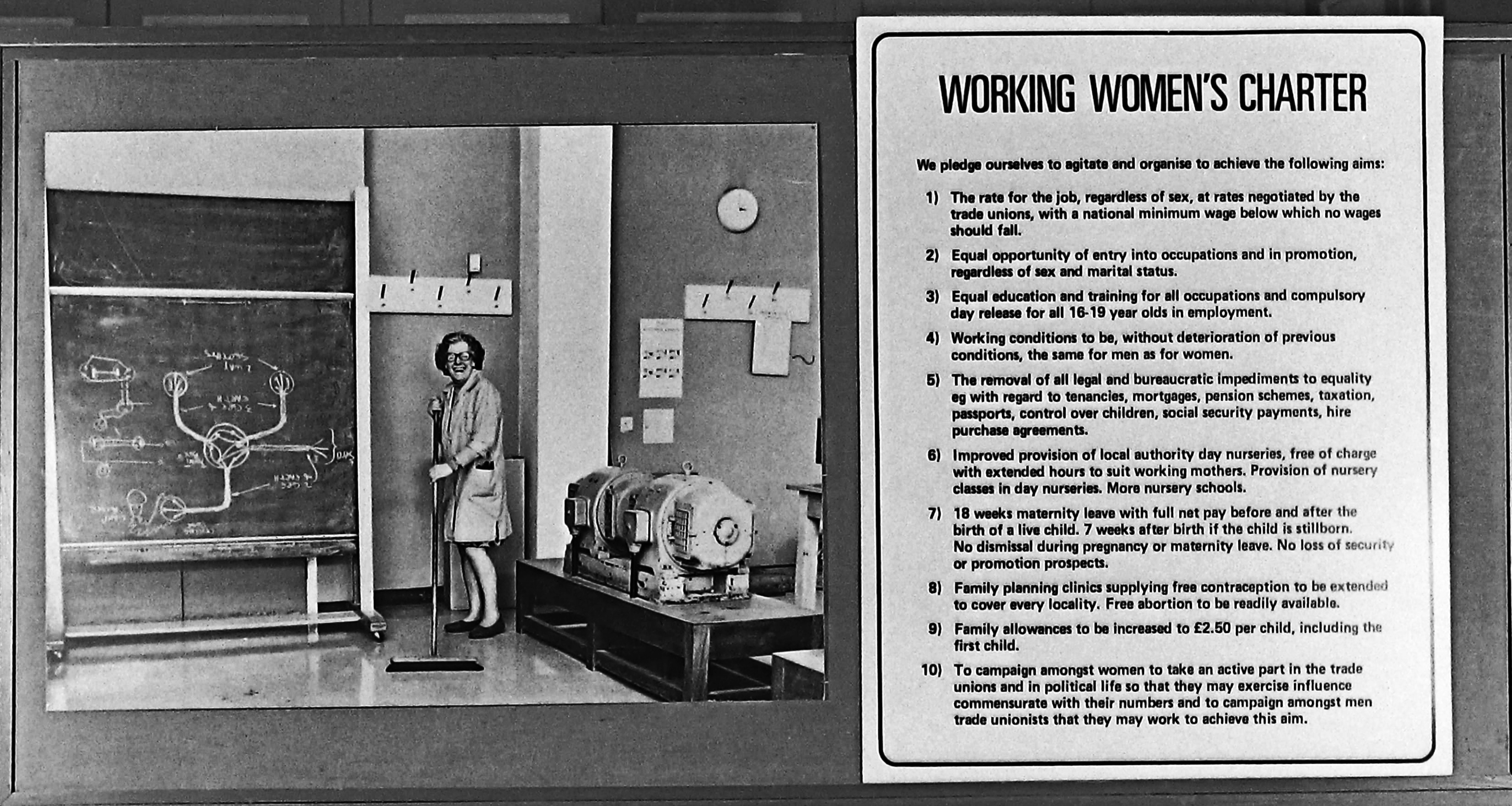 A panel from Women and Work by the Hackney Flashers includes an image of a woman working as a cleaner at a college and text from The Working Women's Charter.