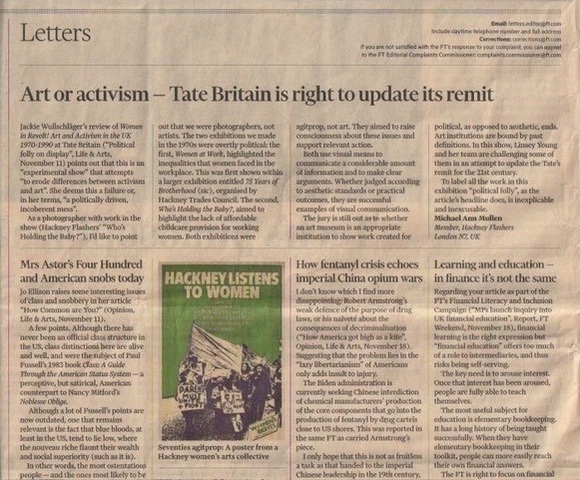 Image shows a letter from Hackney Flashers member Michael Ann Mullen, published in the Financial Times in November 2023.